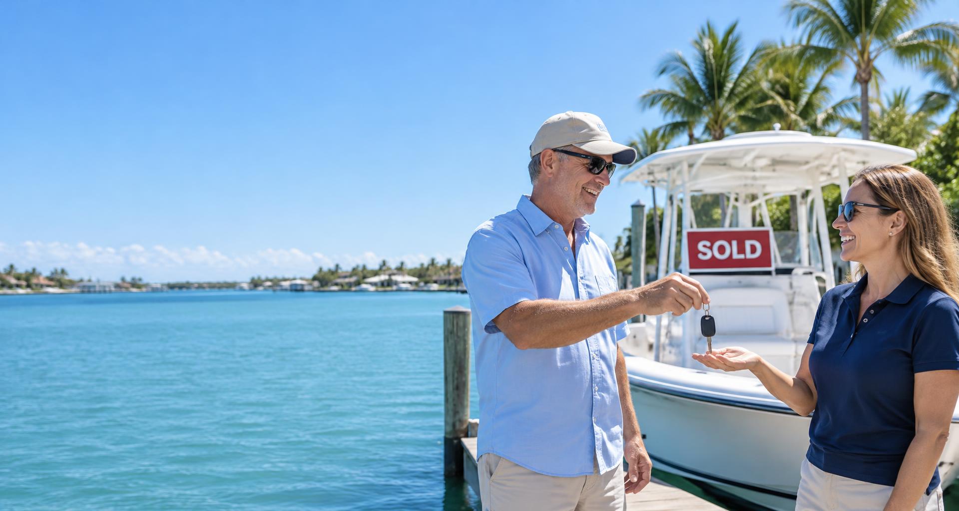 A boat owner hands keys to a buyer beside a sold boat at a sunny Florida marina